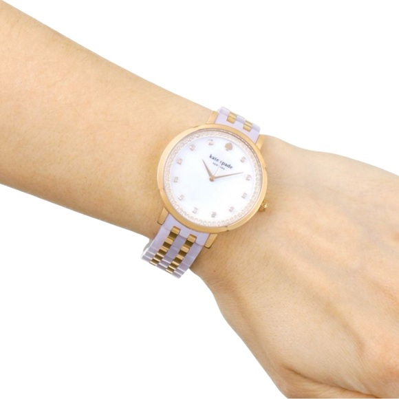 Kate Spade Monterey Acetate Rose Gold-tone Links Mother of Pearl Crystal Watch - Picture 1 of 7